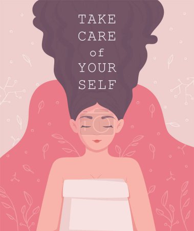 Self-care banner. Love Yourself. Vector illustration of a self-care girl. To make time for yourself. 