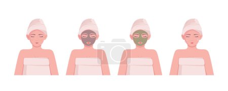 Illustration for Various facial treatments. Stages of a cosmetic procedure. Vector illustration of a set of facial care girls. - Royalty Free Image