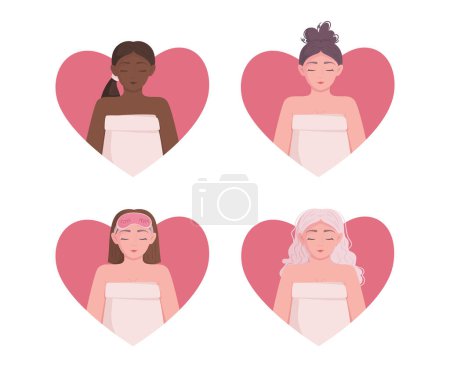 Illustration for Girls after a shower. Various facial and body treatments. Vector illustration of a set of girls after a shower. On a white background. - Royalty Free Image
