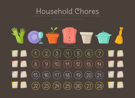 Illustration for Homework. Household chores. Vector illustration of cleaning schedule. Housekeeping. Washing dishes, vacuuming, dusting, watering flowers. Plan for the month. Date. - Royalty Free Image