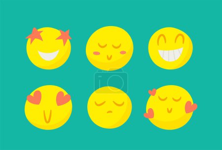 Ilustración de Un conjunto de emoticonos lindos sobre un fondo azul. Emociones. Reacción. Ilustración vectorial de caras sonrientes de dibujos animados. - Imagen libre de derechos