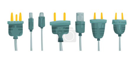 Illustration for Vector illustration of a set of plugs, chargers, wires on a white background. The concept of plugs, disconnects, electricity. Flat style cartoon illustration. - Royalty Free Image
