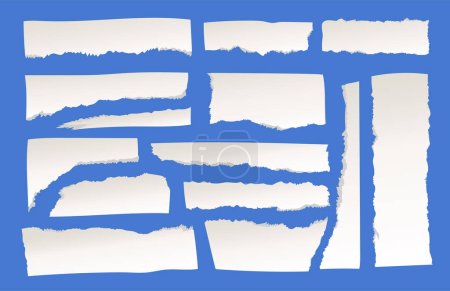 Ilustración vectorial de un conjunto de papel azul rasgado y rasgado. Un agujero en un pedazo de papel sobre un fondo negro.