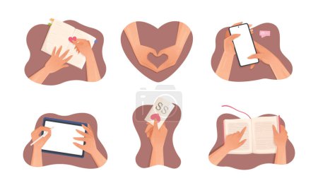 Vector illustration of a planning set with your own hands. Spending free time. Reading a book, writing, texting, loving, etc.