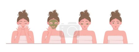 Illustration for Vector illustration of a facial care set. All stages of facial care. Facials. Masks, patches, gel, cheesecloth, facial cream. - Royalty Free Image