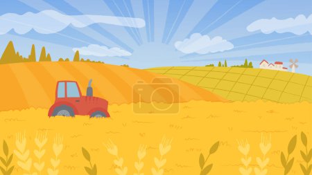 Téléchargez les illustrations : Illustration vectorielle d'un tracteur dans un champ de blé. Beau paysage d'un champ d'été. Campagne - en licence libre de droit