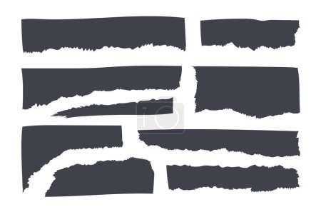 Ilustración vectorial de un conjunto de trozos de papel negro. Papel roto sobre fondo blanco. Borde torcido y deshilachado.