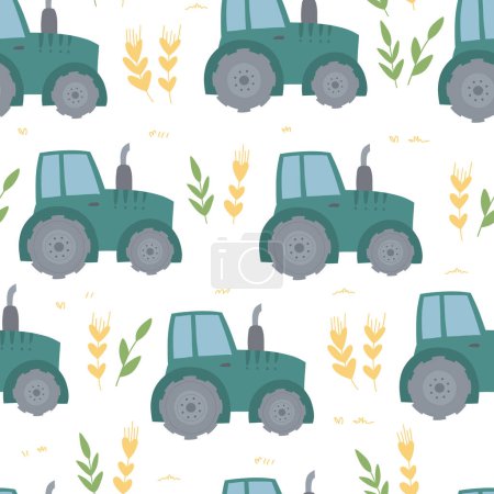 Muster von blauen Traktoren und Weizen auf weißem Hintergrund. Vektorillustration im Cartoon-Stil. Arbeit auf dem Feld. Platzwart.
