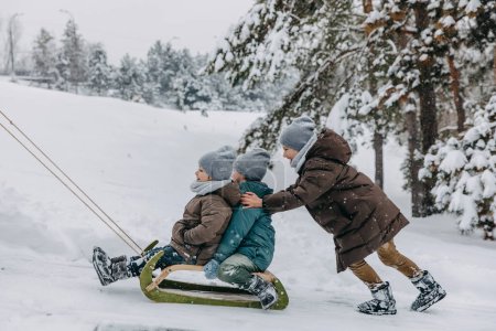 Foto de Niños en trineo en un trineo de madera, en un frío día de invierno nevado. - Imagen libre de derechos