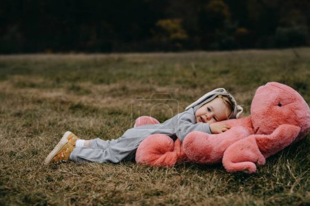 Foto de Niño pequeño con un disfraz de conejo, acostado en un gran juguete de conejo de felpa rosa, en un campo abierto. - Imagen libre de derechos