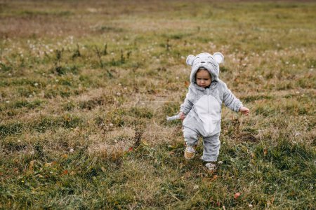 Téléchargez les photos : Little child in a plush mouse costume walking in an open field. - en image libre de droit