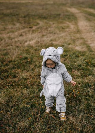Téléchargez les photos : Petit enfant en costume de souris en peluche marchant dans un champ ouvert. - en image libre de droit