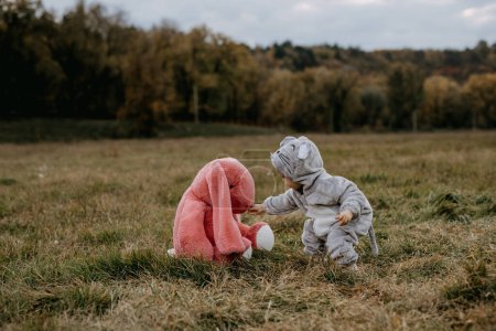 Téléchargez les photos : Petit enfant portant un costume de souris en peluche, jouant avec un gros lapin en peluche, à l'extérieur, dans un champ ouvert. - en image libre de droit