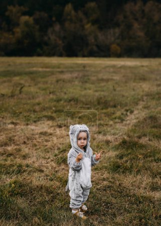 Téléchargez les photos : Petit enfant en costume de souris en peluche debout dans un champ ouvert, regardant la caméra. - en image libre de droit