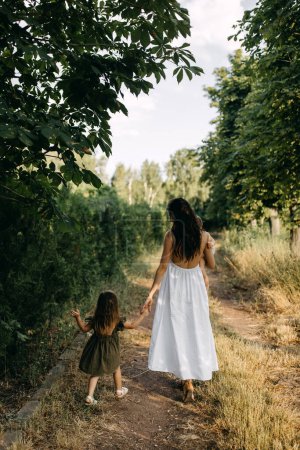 Photo for Mother walking and talking to her daughter, holding hands, in a field on a summer day. Shot from behind. - Royalty Free Image