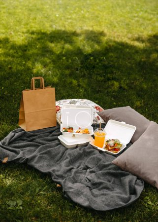 Téléchargez les photos : Pique-nique sur herbe verte avec des récipients à emporter ouverts et un sac en papier. - en image libre de droit