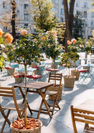 Foto de Café al aire libre con mesas de metal y sillas rodeadas de plantas en maceta. - Imagen libre de derechos