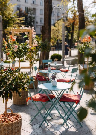 Téléchargez les photos : Café extérieur avec tables et chaises en métal entouré de plantes en pot. - en image libre de droit