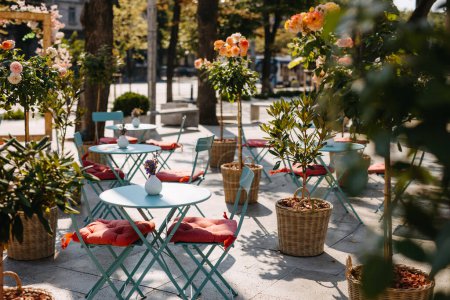 Foto de Café al aire libre con mesas de metal y sillas rodeadas de plantas en maceta. - Imagen libre de derechos