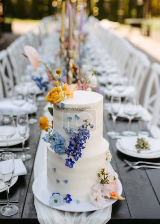 Téléchargez les photos : Gâteau de mariage floral élégant sur une table lors d'un événement en plein air. - en image libre de droit