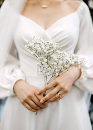 Foto de Primer plano de la novia en un vestido blanco sostiene una delicada ramita de aliento de bebé, gypsophila. - Imagen libre de derechos