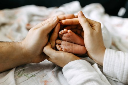 Photo for Closeup of parents hands holding newborn baby feet. Family protection. - Royalty Free Image