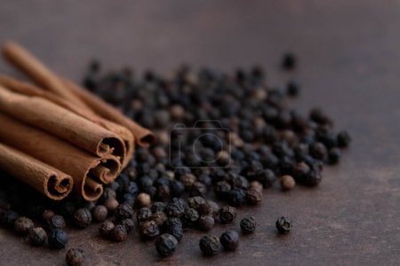 Photo for Cinnamon sticks, Dried Lemon , pine cone and Nut on Copper Background - Royalty Free Image