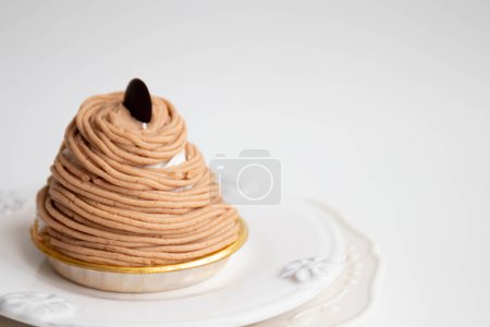 Photo for Traditional French Delicious Cake, Mont Blanc , a dessert of sweetened chestnut pour in the form of vermicelli - Royalty Free Image
