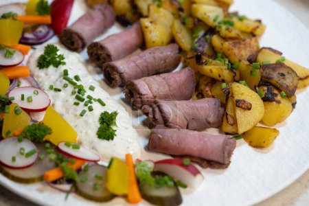Photo for Roastbeef with fried potatoes an Remoulade sauce - Royalty Free Image