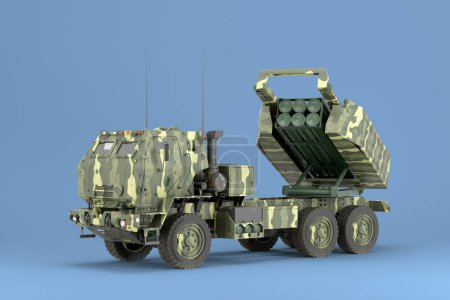 Foto de Himars alta movilidad artillería cohete sistema arrendamientos de tierras para Ucrania 3d renderizar en azul - Imagen libre de derechos