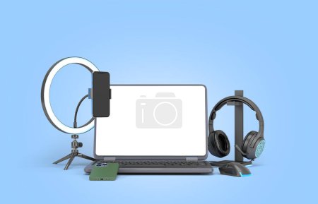 moderner Laptop mit leerem Screan und Zubehör zum Streamen von 3D-Renderbild auf Blau
