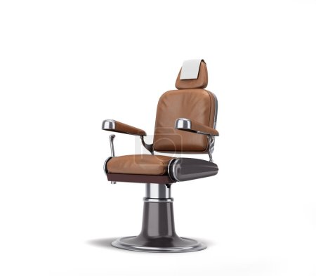 leather barber chair with chrome inserts perspectiva view 3d render on white background