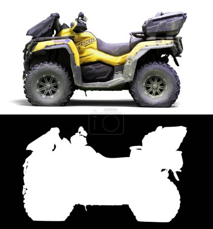Photo for Four quad yellow bike left side view 3d render on white with alpha - Royalty Free Image