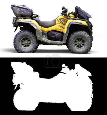 Photo for Four quad yellow bike right side view 3d render on white with alpha - Royalty Free Image