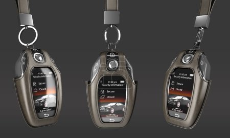 Téléchargez les photos : Clé de télécommande de voiture isolé modèle 3D réaliste Système d'alarme automobile clé électronique avec serrure de porte de contrôle et boutons de déverrouillage état et indicateurs de vitesse LED - en image libre de droit