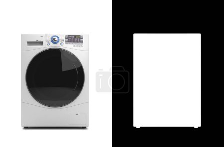 Neue Waschmaschinen-Frontansicht 3D-Render auf Weiß mit Alpha