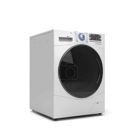 Neue Waschmaschine vorausschauende rechte Ansicht 3D-Rendering auf weiß