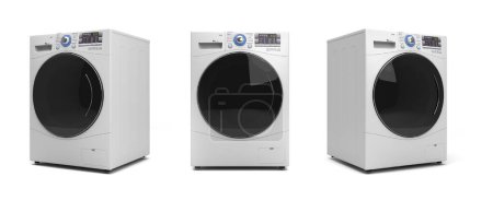 Set der neuen Waschmaschine Vorschau linke Ansicht 3D-Rendering auf weiß
