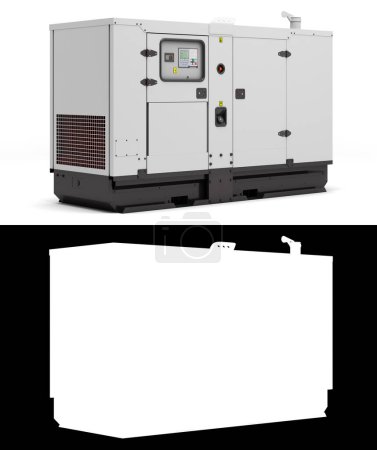 Mobiler Dieselgenerator für Notstrom rechts Ansicht 3D-Rendering auf Weiß mit Alpha