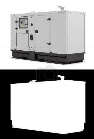 Mobiler Dieselgenerator für Notstrom linke Ansicht 3D-Rendering auf Weiß mit Alpha