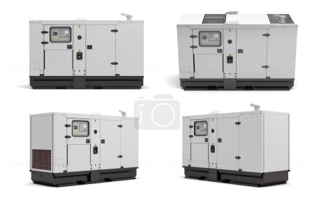 Set mobiler Dieselgenerator für elektrische Notstromversorgung 3D-Rendering auf weiß 