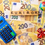 Word EURIBOR Is Written In Wooden Letters On Background Of 200 Euro Banknotes, Globe, Calculator And Dice. Copy paste. High quality photo