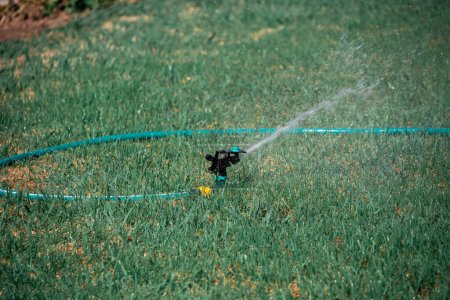 Téléchargez les photos : Arroseurs pour l'irrigation des pelouses, Moraitika, Corfou, Grèce. Petite profondeur de champ. Photo de haute qualité - en image libre de droit