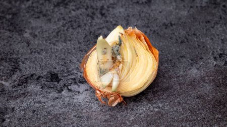 Photo for Close-up of half an onion with mold on the table. Spoiled onion. High quality photo - Royalty Free Image