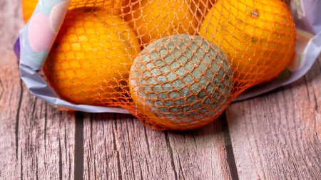 Photo for Inside a mesh bag filled with oranges, theres one orange that has become spoiled and is now covered in mold. High quality photo - Royalty Free Image