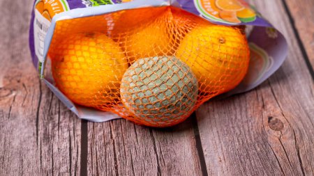 Photo for Within a mesh bag containing oranges, there is a single orange that has gone bad and developed mold. High quality photo - Royalty Free Image