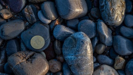 Bitcoin gold coin against the backdrop of large gray stones on the coast. Concept of the digital era and nature. High quality photo