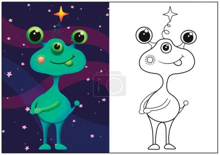 Foto de Cute green alien. A cute creature with a spring on its head and a sun on its cheek. Coloring according to the sample. Coloring book for adults and children. - Imagen libre de derechos