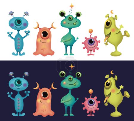 Photo for Set of five cute aliens. Color characters on a space theme. Isolated characters on white and blue background. You can use it as a blank or a full-fledged illustration. - Royalty Free Image