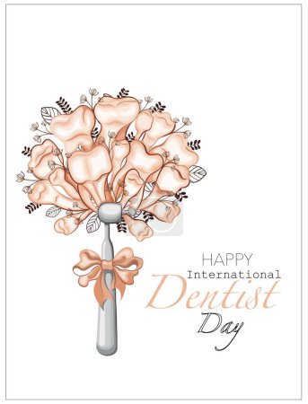 Téléchargez les photos : Creative card for the day of the dentist. A bouquet of teeth. professional holiday. International Dentist Day. Bouquet of dental drill, teeth and twigs. - en image libre de droit
